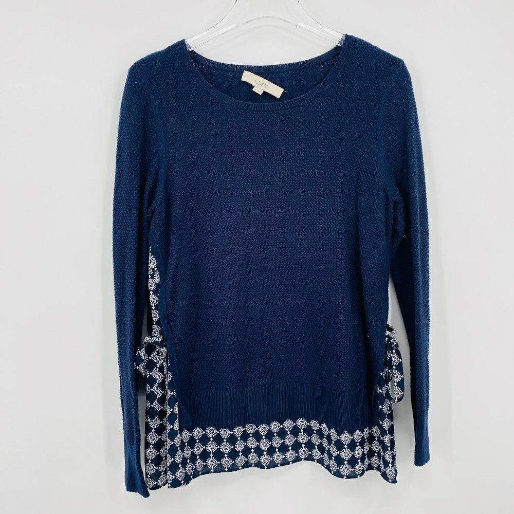 LOFT Size Small Navy Blue Long Sleeve Layered Waffle Knit Side Tie Sweater Top